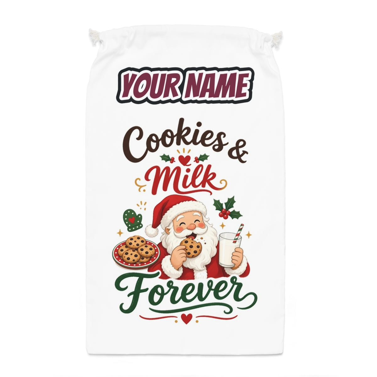 Cookies and Milk Santa Santa sack laid flat, showing the full print