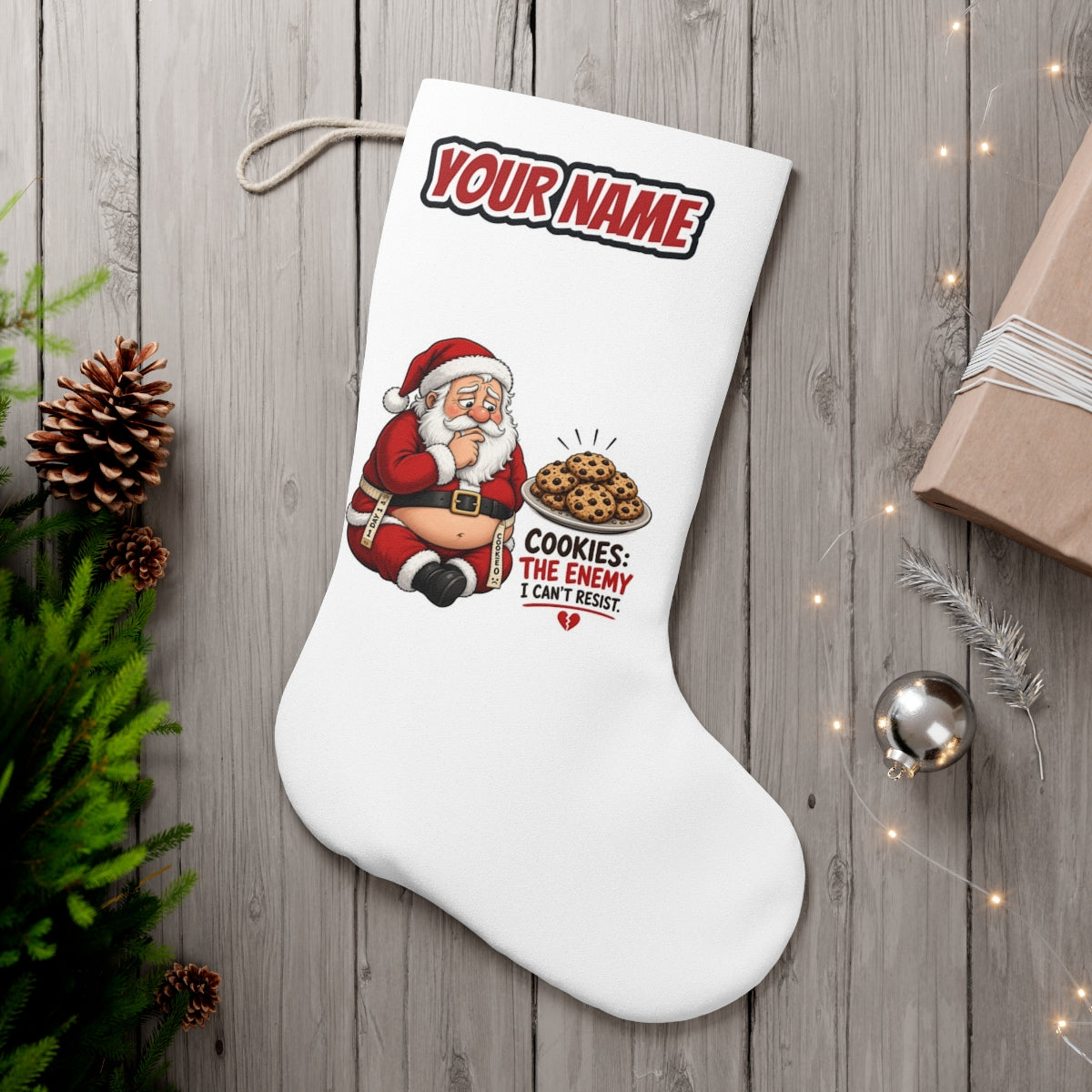 Cookies: The Enemy personalised Christmas stocking, white, with the name across the top