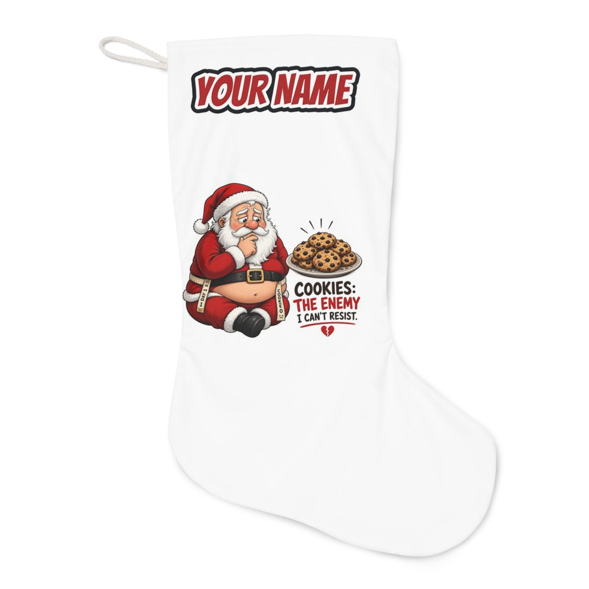 Cookies: The Enemy Christmas stocking laid flat, showing the full print