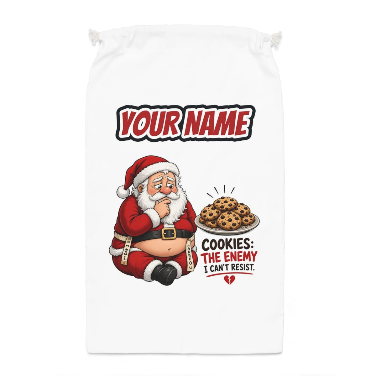 Cookies: The Enemy Santa sack laid flat, showing the full print
