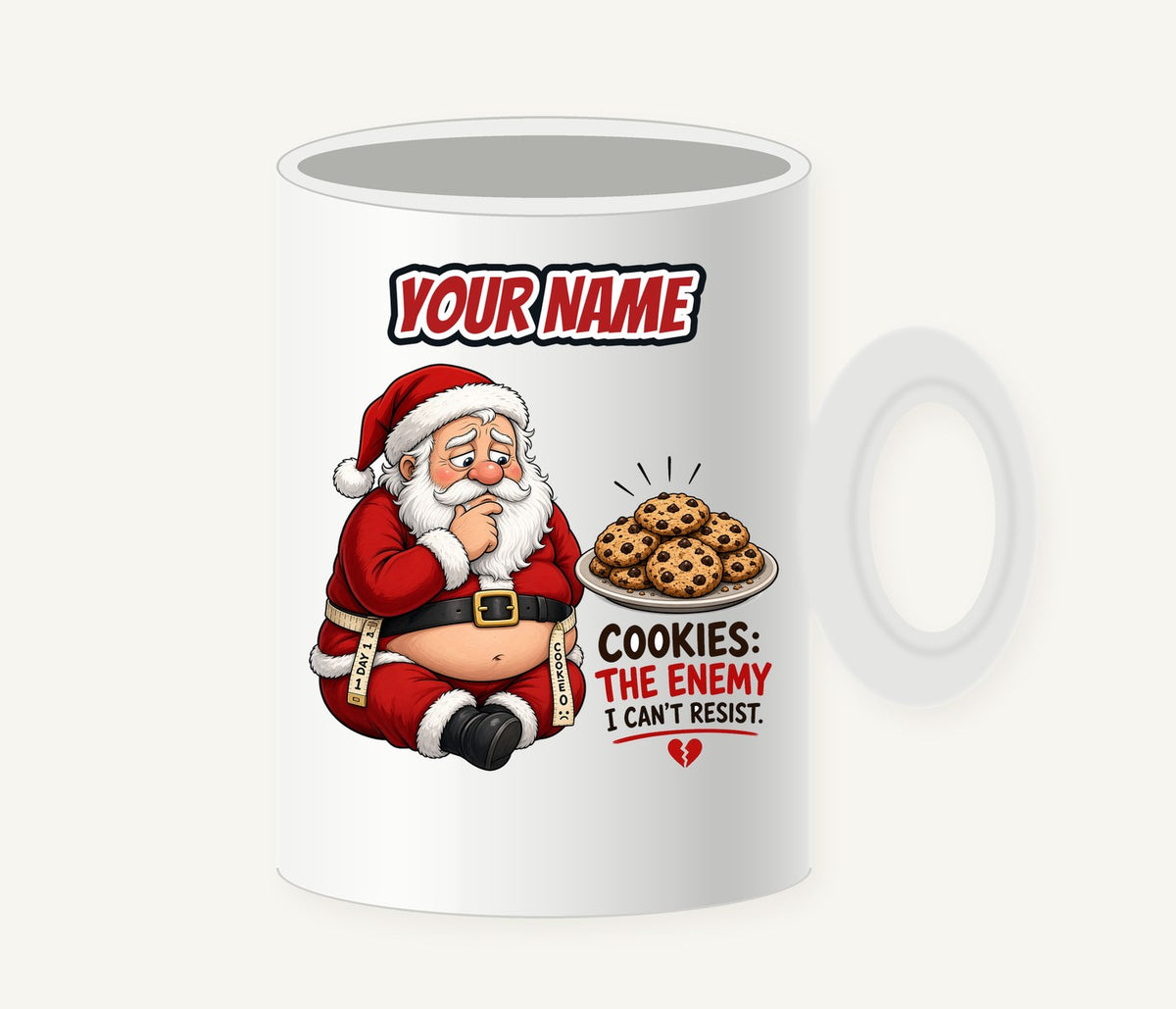 Cookies: The Enemy personalised Christmas mug, white ceramic with the design and a name printed on it