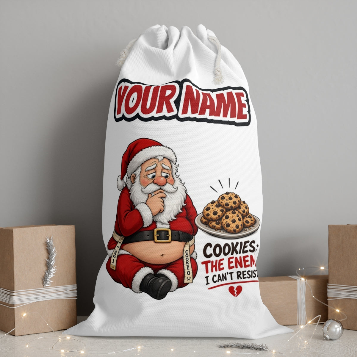 Cookies: The Enemy personalised Santa sack, white, with the name printed under the artwork