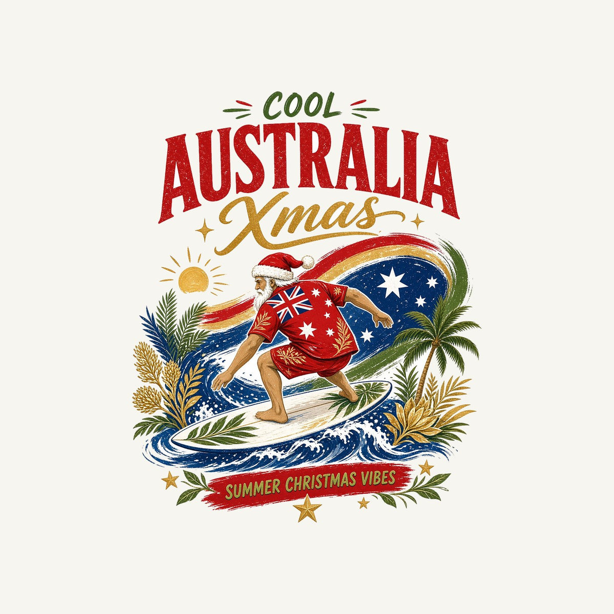 Cool Australia Surfing Santa Personalised Kids and Baby Christmas Tee