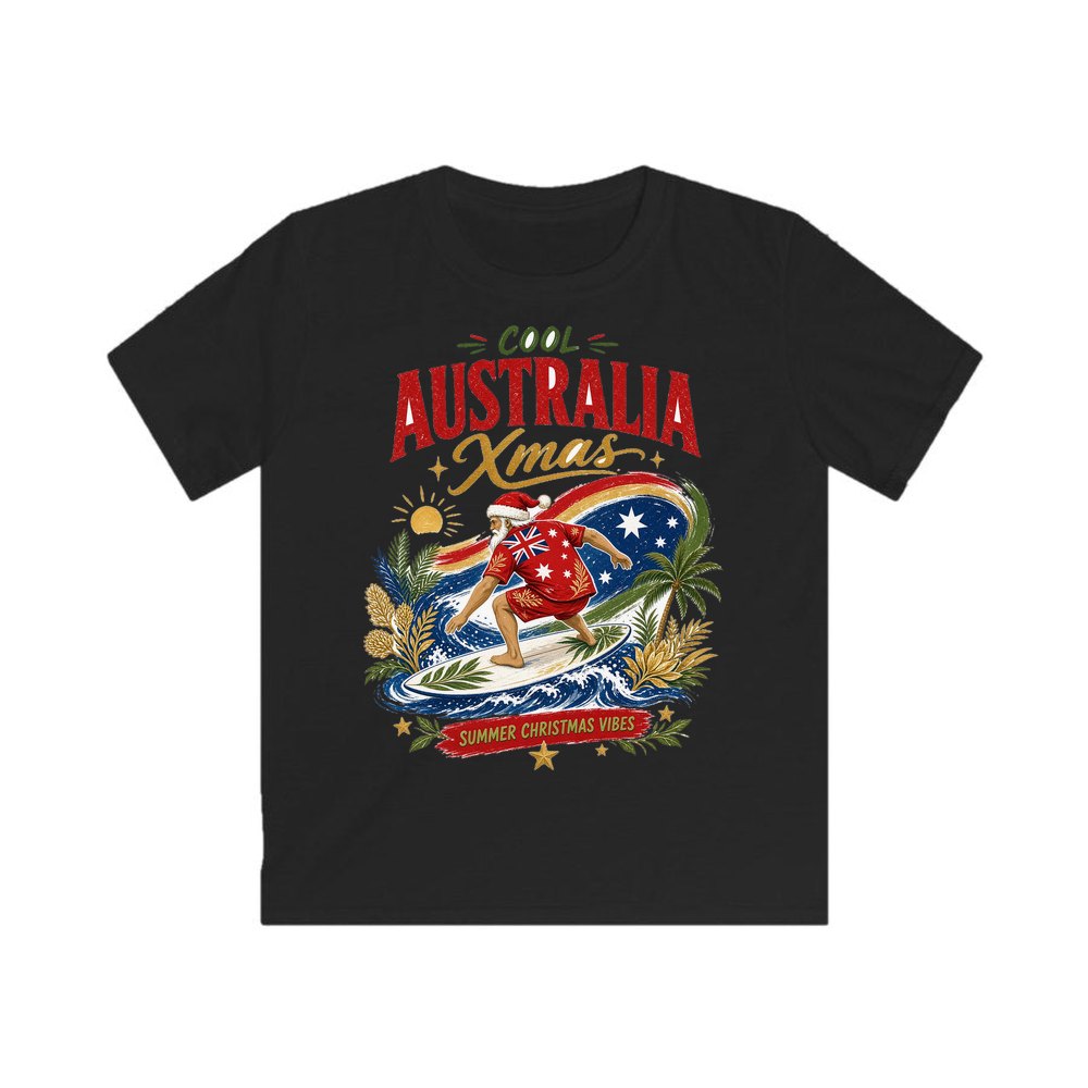 Cool Australia Surfing Santa personalised kids Christmas tee in black