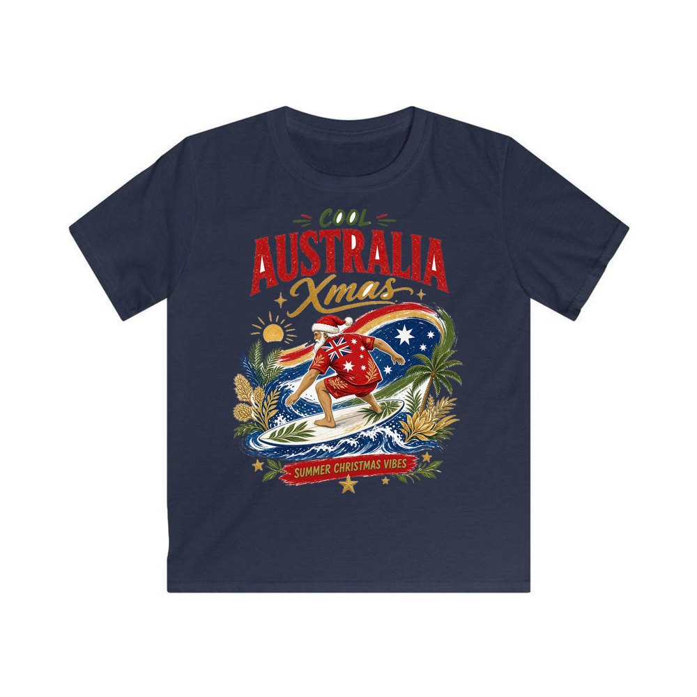 Cool Australia Surfing Santa personalised kids Christmas tee in navy