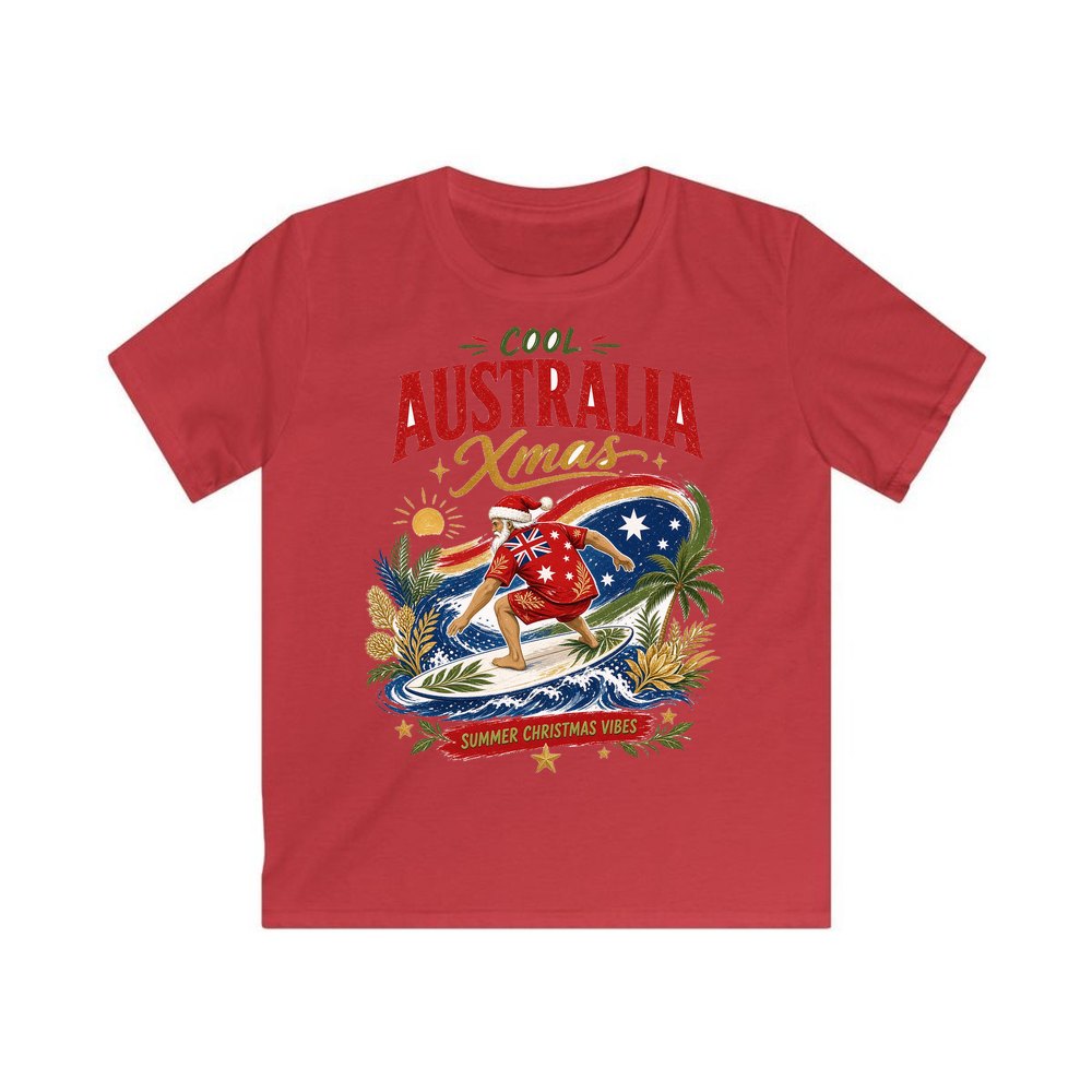 Cool Australia Surfing Santa personalised kids Christmas tee in red