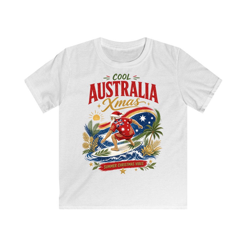 Cool Australia Surfing Santa personalised kids Christmas tee in white