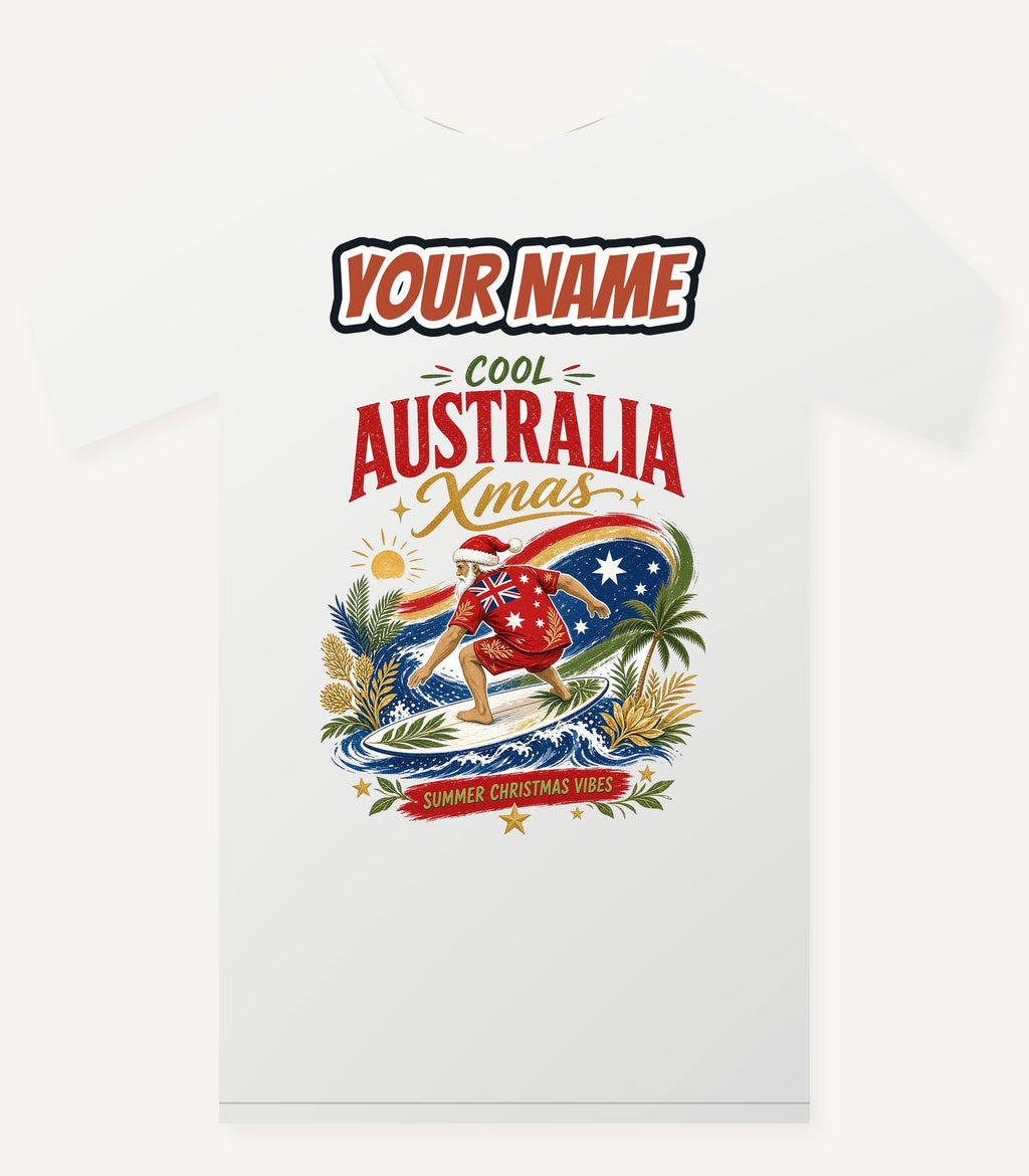Cool Australia Surfing Santa Personalised Christmas T-Shirt and Hoodie