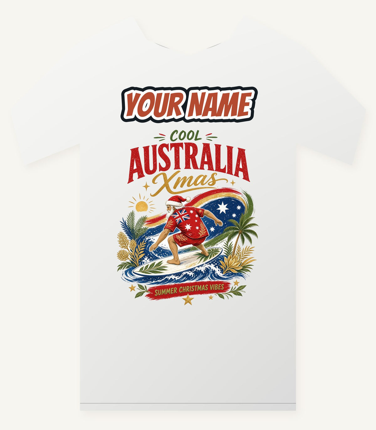 Cool Australia Surfing Santa Personalised Christmas T-Shirt and Hoodie