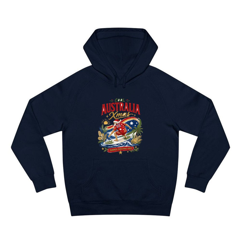 Cool Australia Surfing Santa personalised Christmas hoodie in navy