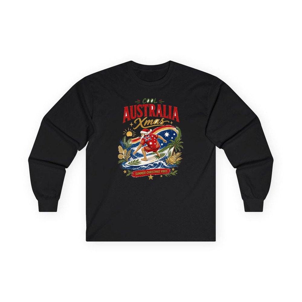Cool Australia Surfing Santa personalised long sleeve Christmas T-shirt in black