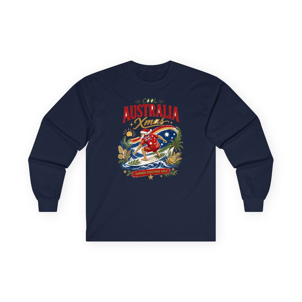Cool Australia Surfing Santa personalised long sleeve Christmas T-shirt in navy