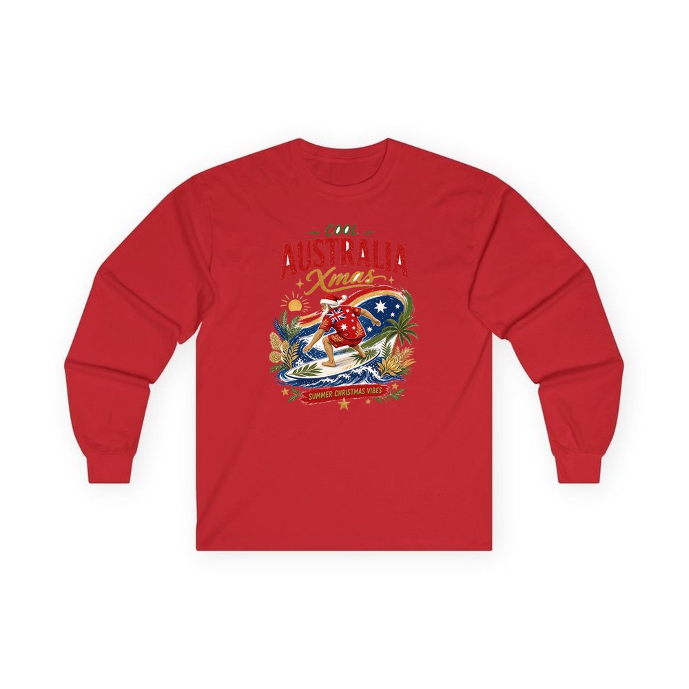 Cool Australia Surfing Santa personalised long sleeve Christmas T-shirt in red