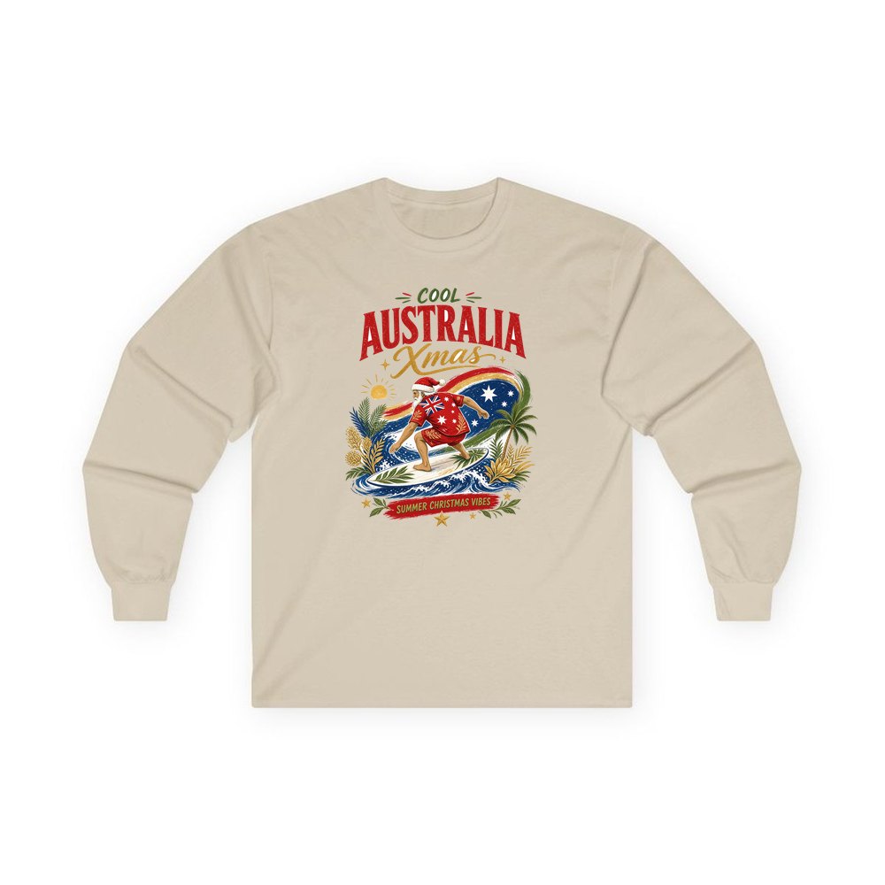 Cool Australia Surfing Santa personalised long sleeve Christmas T-shirt in sand