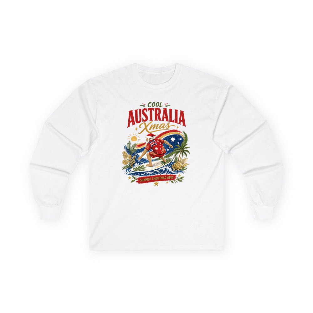 Cool Australia Surfing Santa personalised long sleeve Christmas T-shirt in white