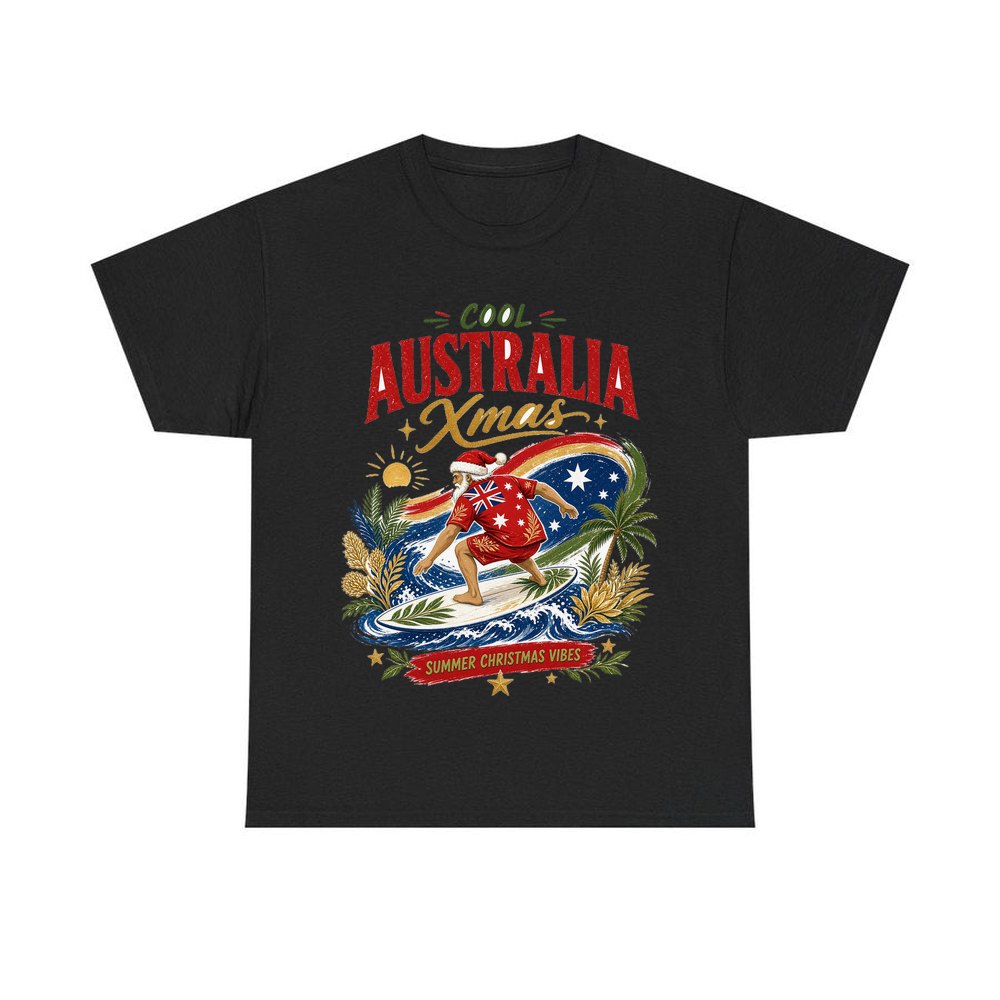 Cool Australia Surfing Santa personalised Christmas T-shirt in black