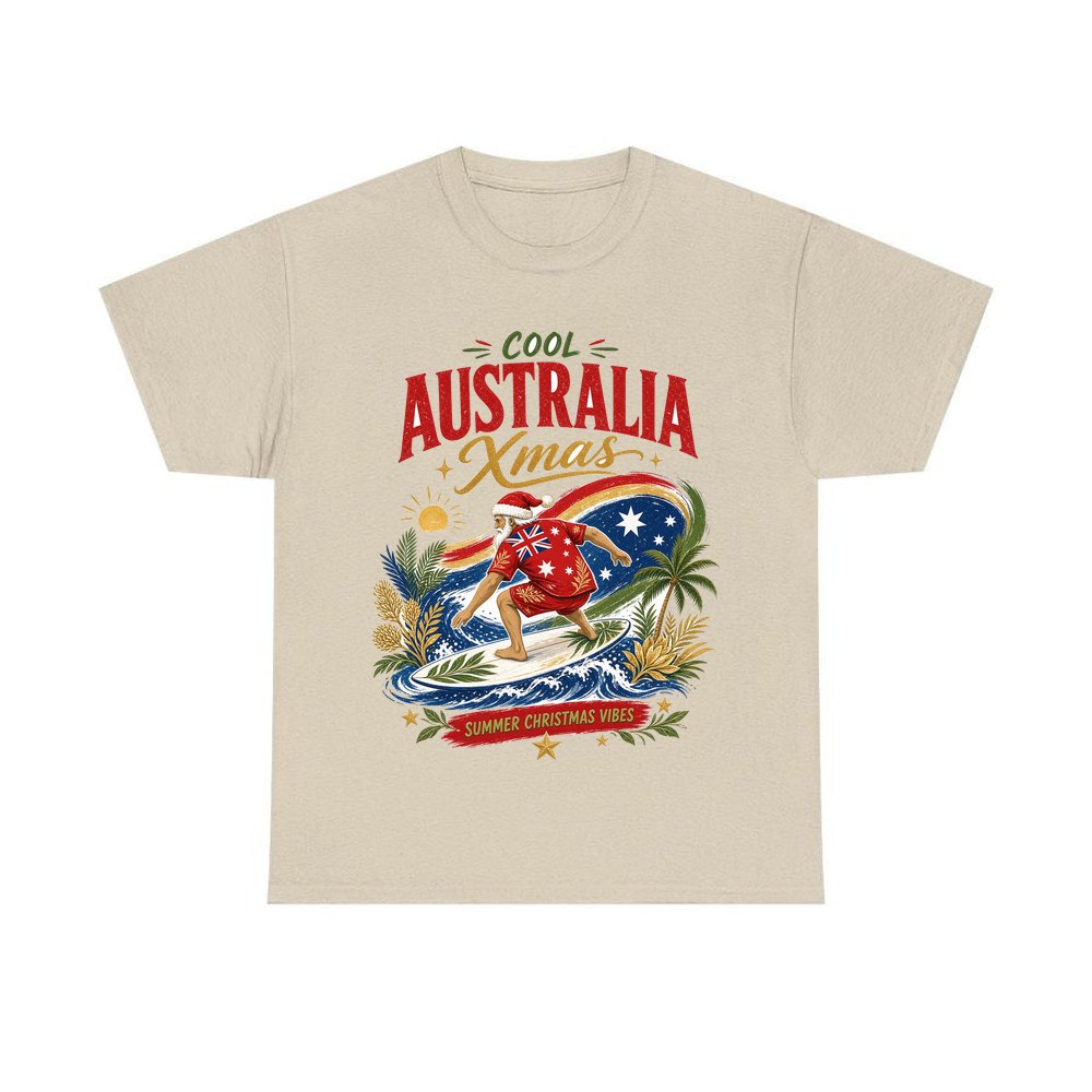 Cool Australia Surfing Santa personalised Christmas T-shirt in sand