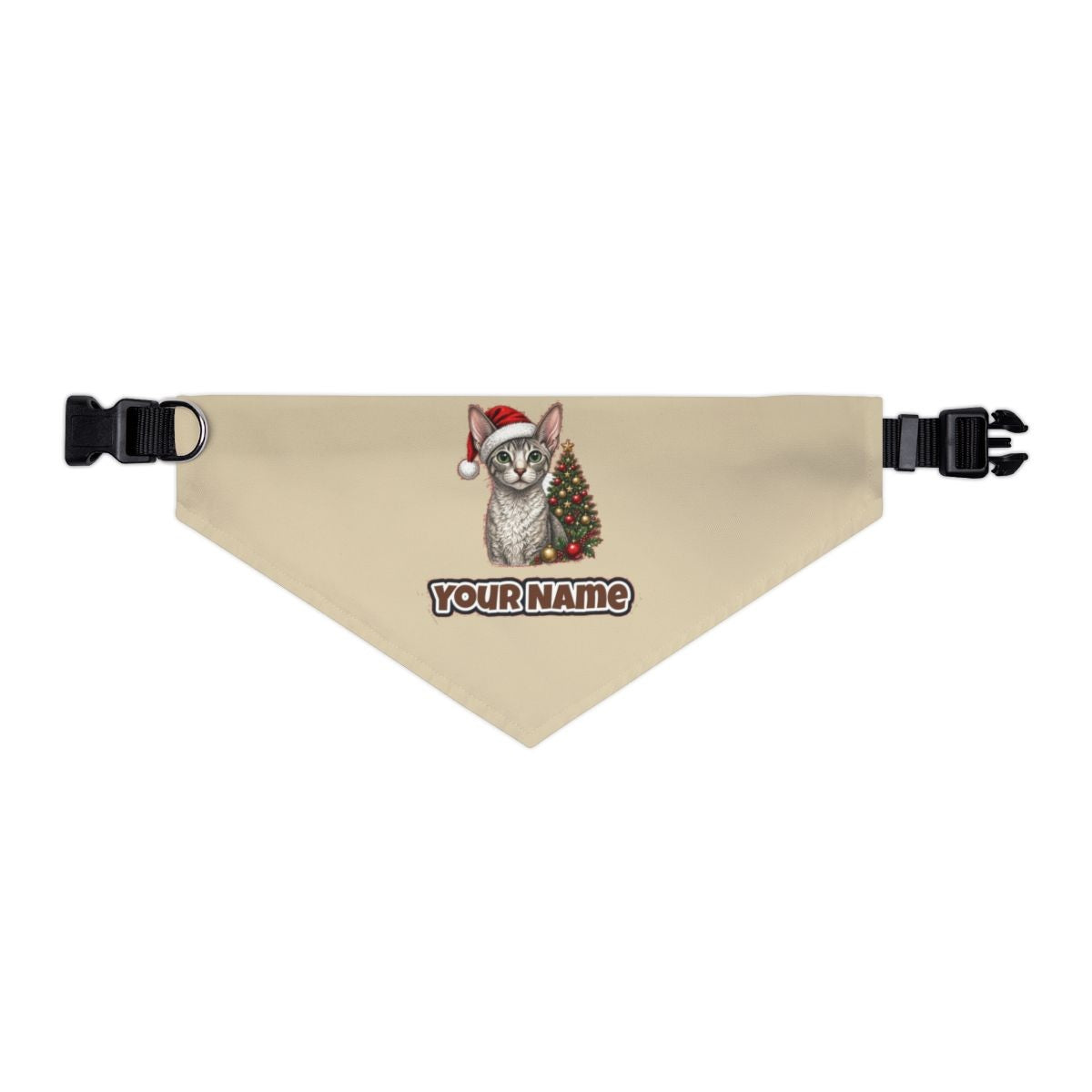 Cornish Rex personalised Christmas pet bandana in beige, collar with buckle