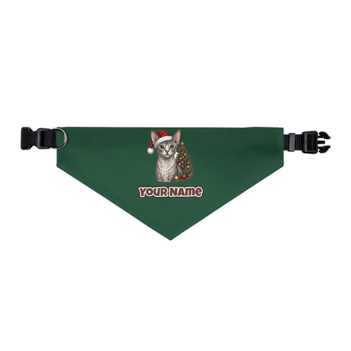Cornish Rex personalised Christmas pet bandana in green, collar with buckle