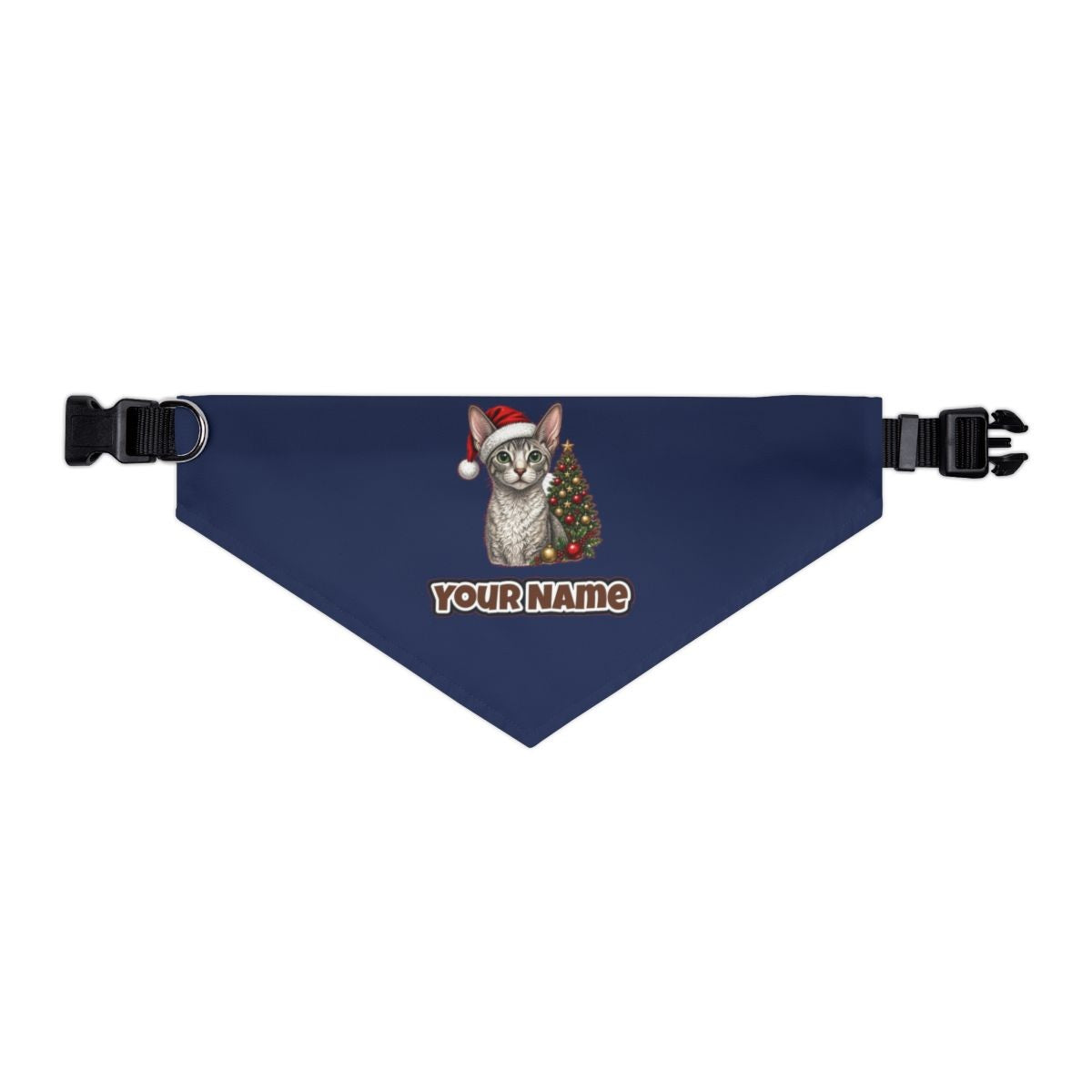 Cornish Rex personalised Christmas pet bandana in navy, collar with buckle