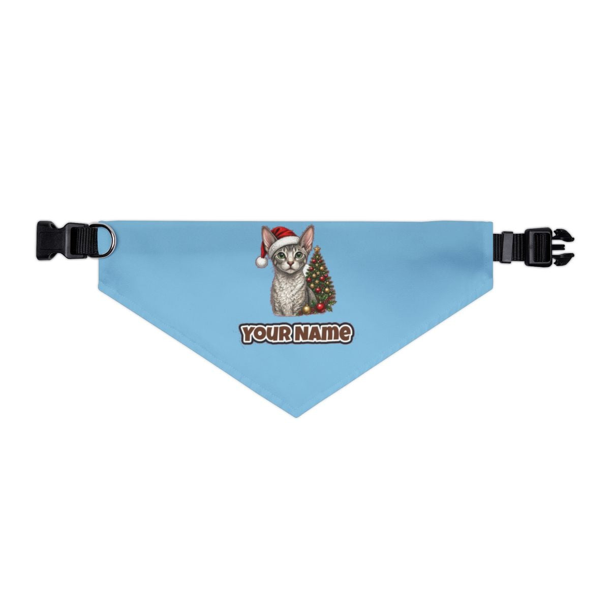 Cornish Rex personalised Christmas pet bandana in sky blue, collar with buckle