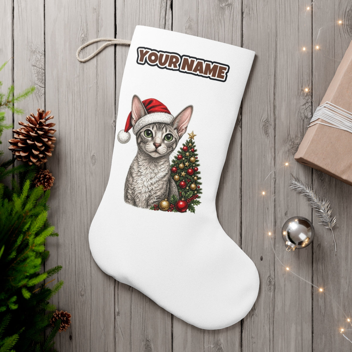 Cornish Rex personalised Christmas stocking, white, with the name across the top