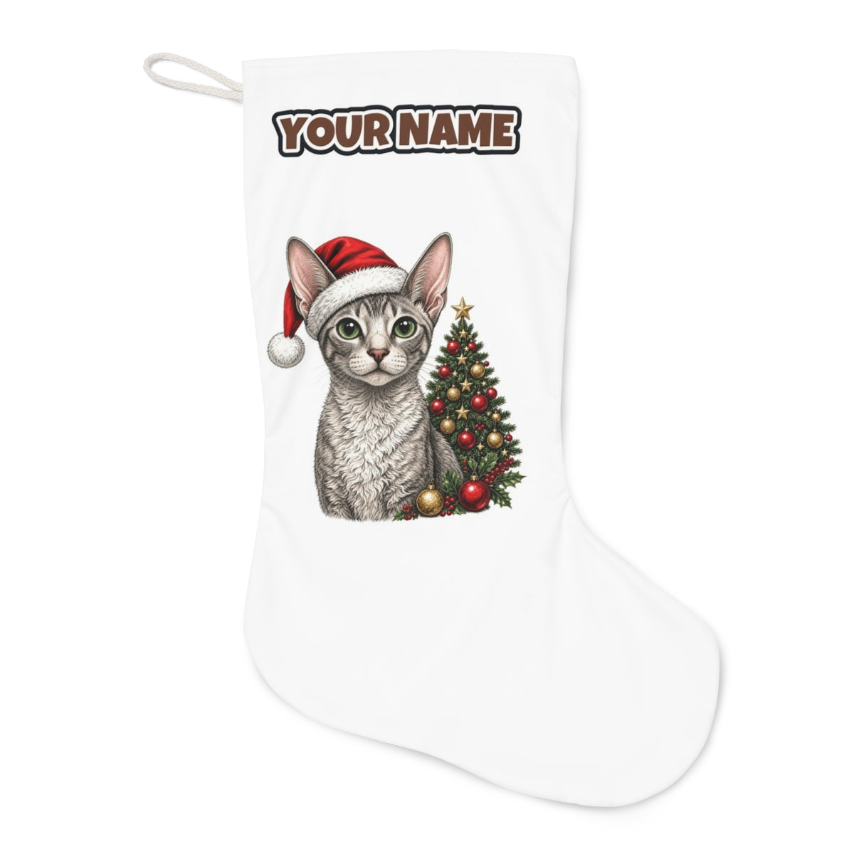 Cornish Rex Christmas stocking laid flat, showing the full print