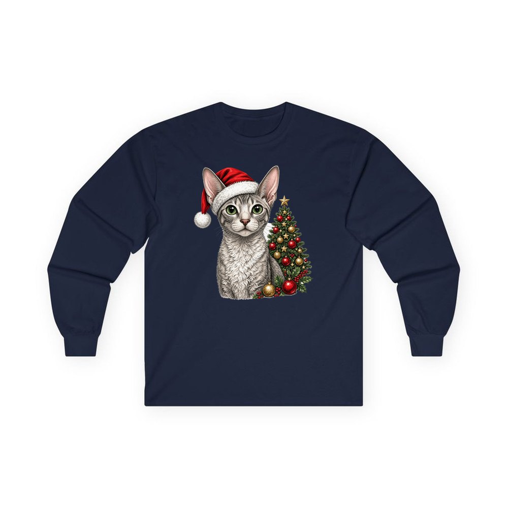 Cornish Rex personalised long sleeve Christmas T-shirt in navy