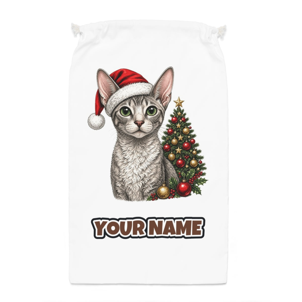 Cornish Rex Santa sack laid flat, showing the full print