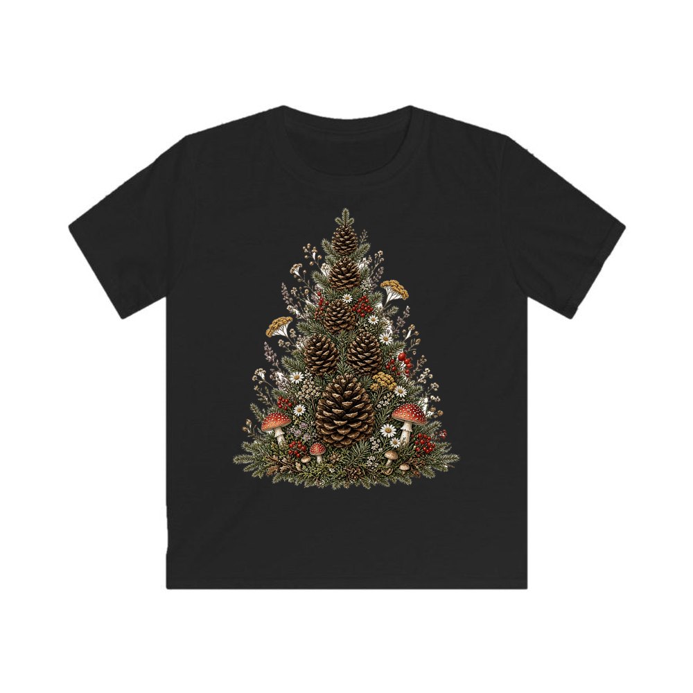 Cottagecore Pinecone Tree personalised kids Christmas tee in black
