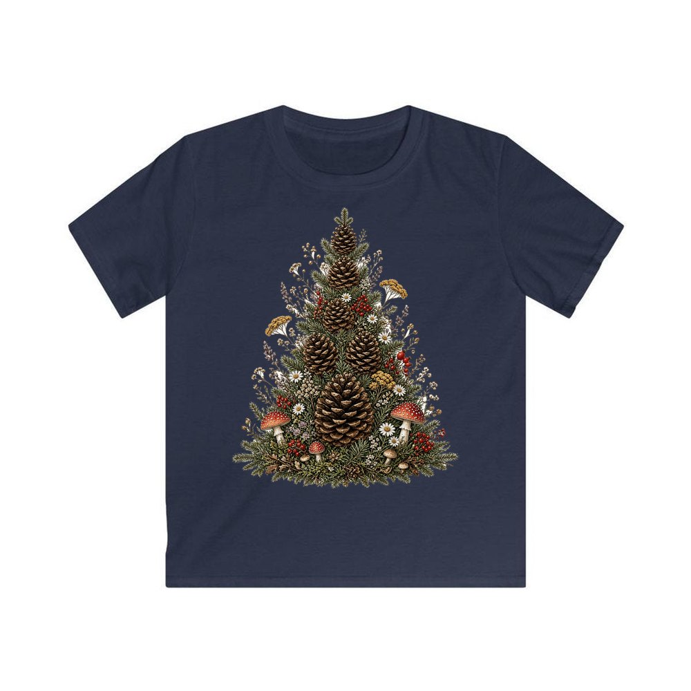 Cottagecore Pinecone Tree personalised kids Christmas tee in navy