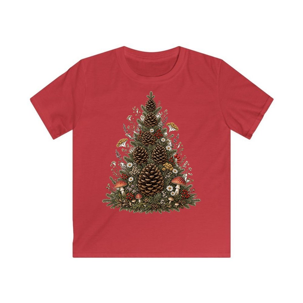 Cottagecore Pinecone Tree personalised kids Christmas tee in red