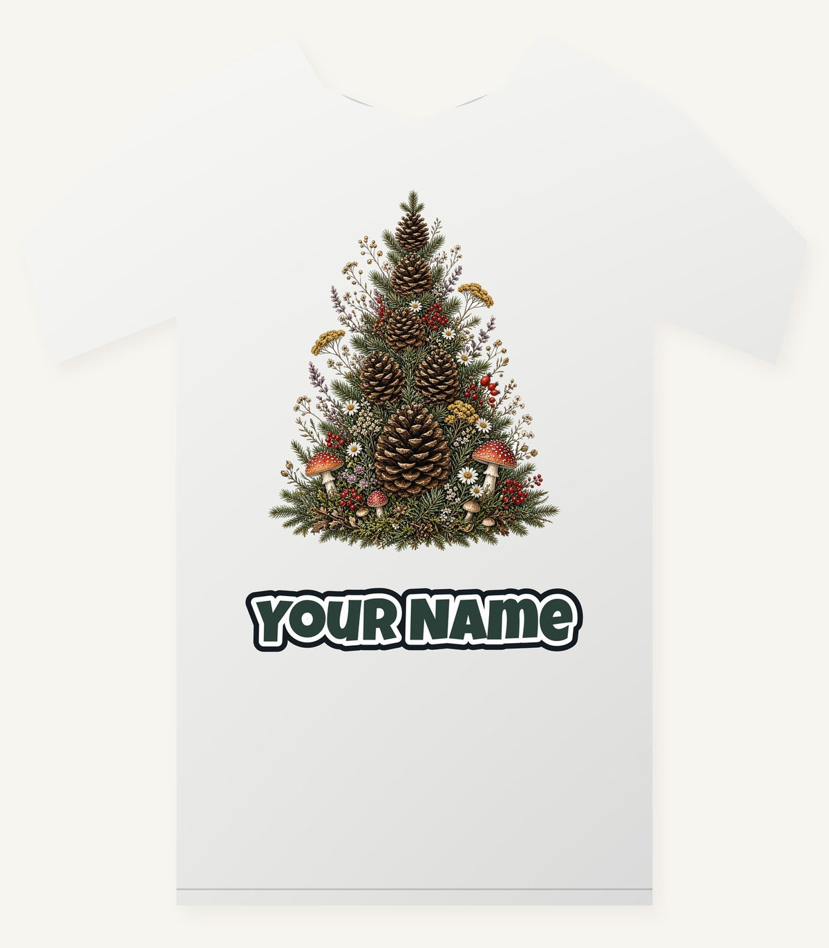 Cottagecore Pinecone Tree personalised Christmas T-shirt with the design and a name printed on the front