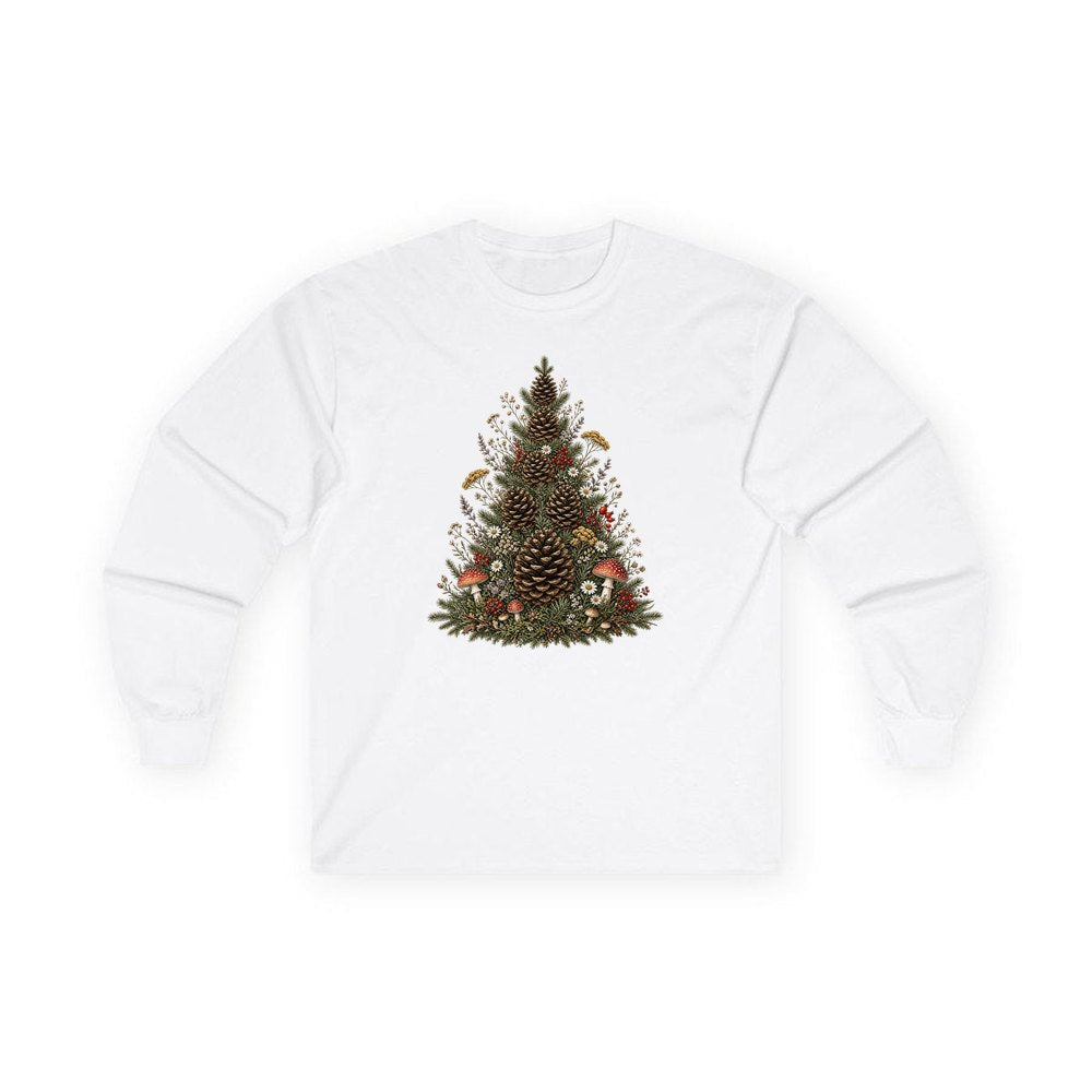 Cottagecore Pinecone Tree personalised long sleeve Christmas T-shirt in white
