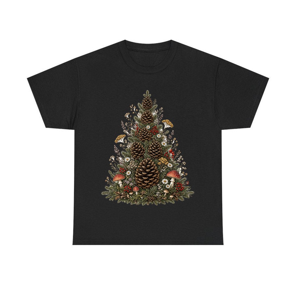 Cottagecore Pinecone Tree personalised Christmas T-shirt in black