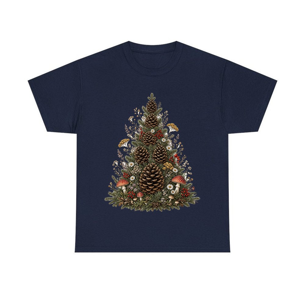 Cottagecore Pinecone Tree personalised Christmas T-shirt in navy