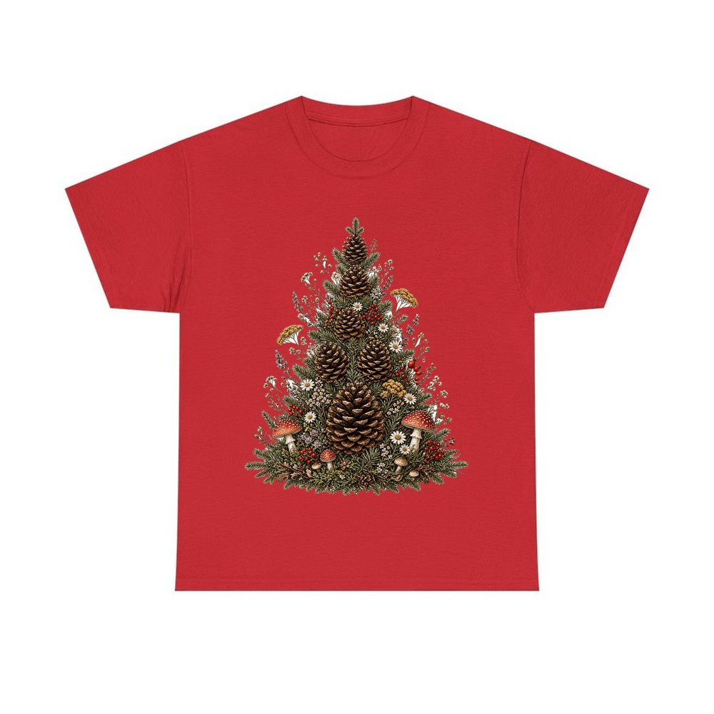 Cottagecore Pinecone Tree personalised Christmas T-shirt in red