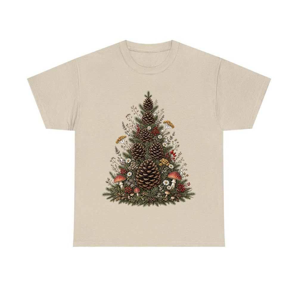 Cottagecore Pinecone Tree personalised Christmas T-shirt in sand