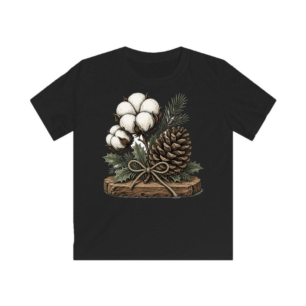 Cotton Boll And Pine Cone personalised kids Christmas tee in black