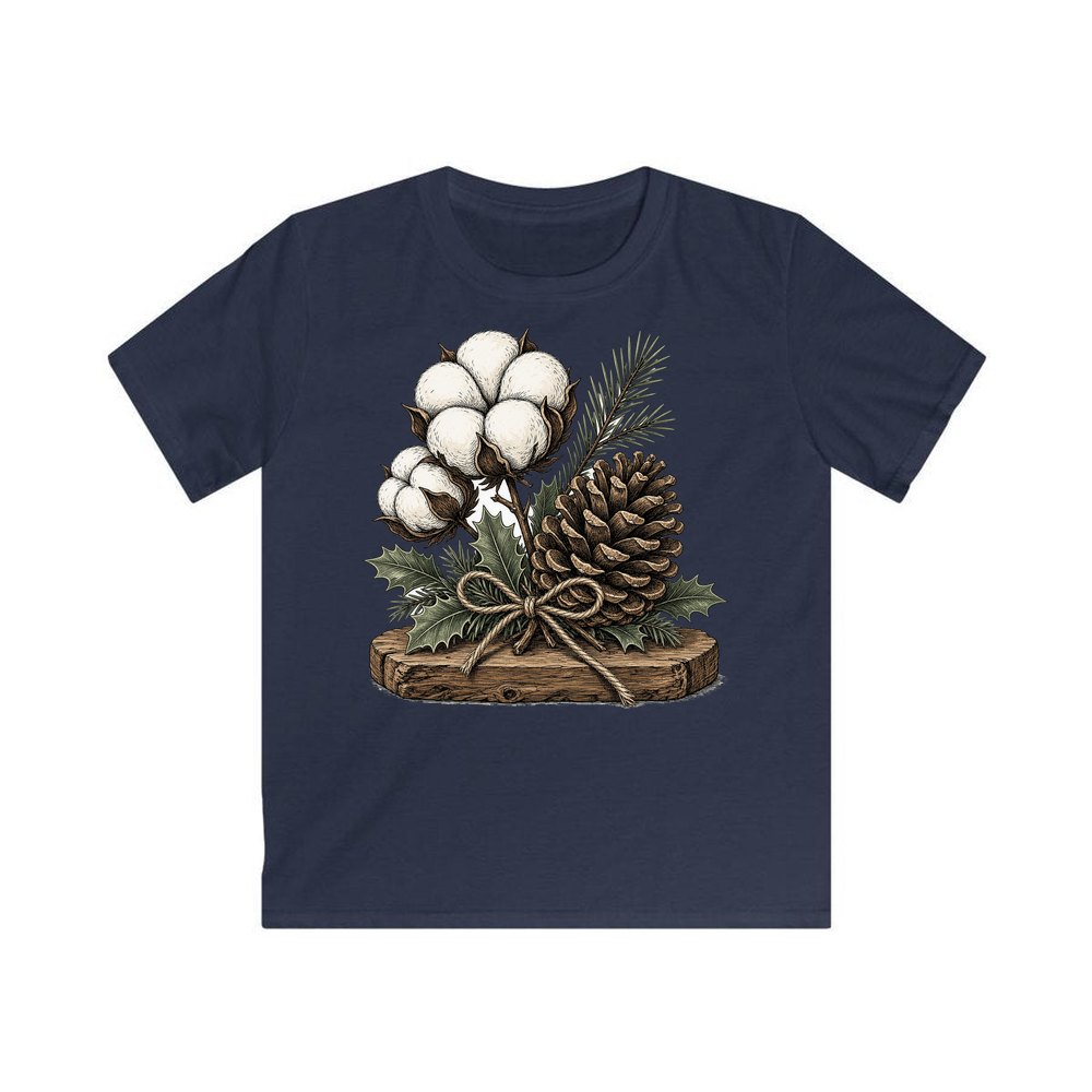 Cotton Boll And Pine Cone personalised kids Christmas tee in navy