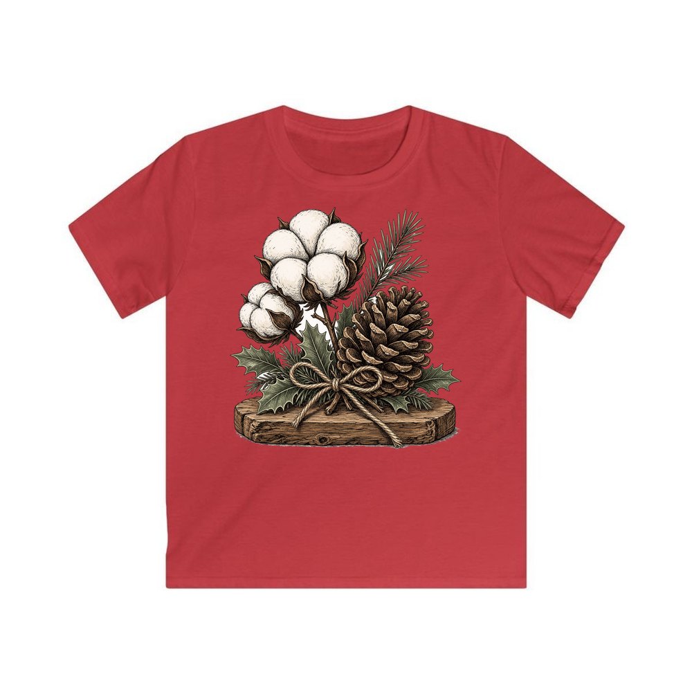 Cotton Boll And Pine Cone personalised kids Christmas tee in red