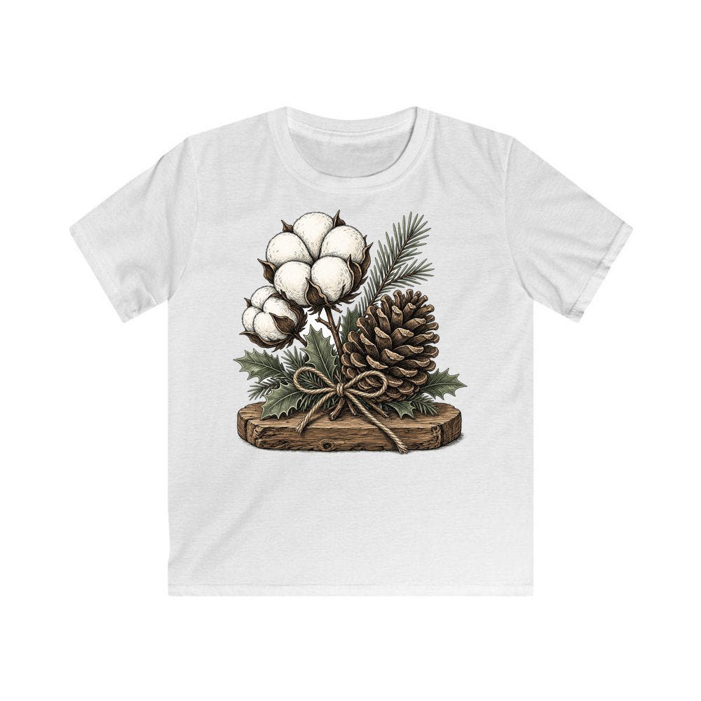 Cotton Boll And Pine Cone personalised kids Christmas tee in white