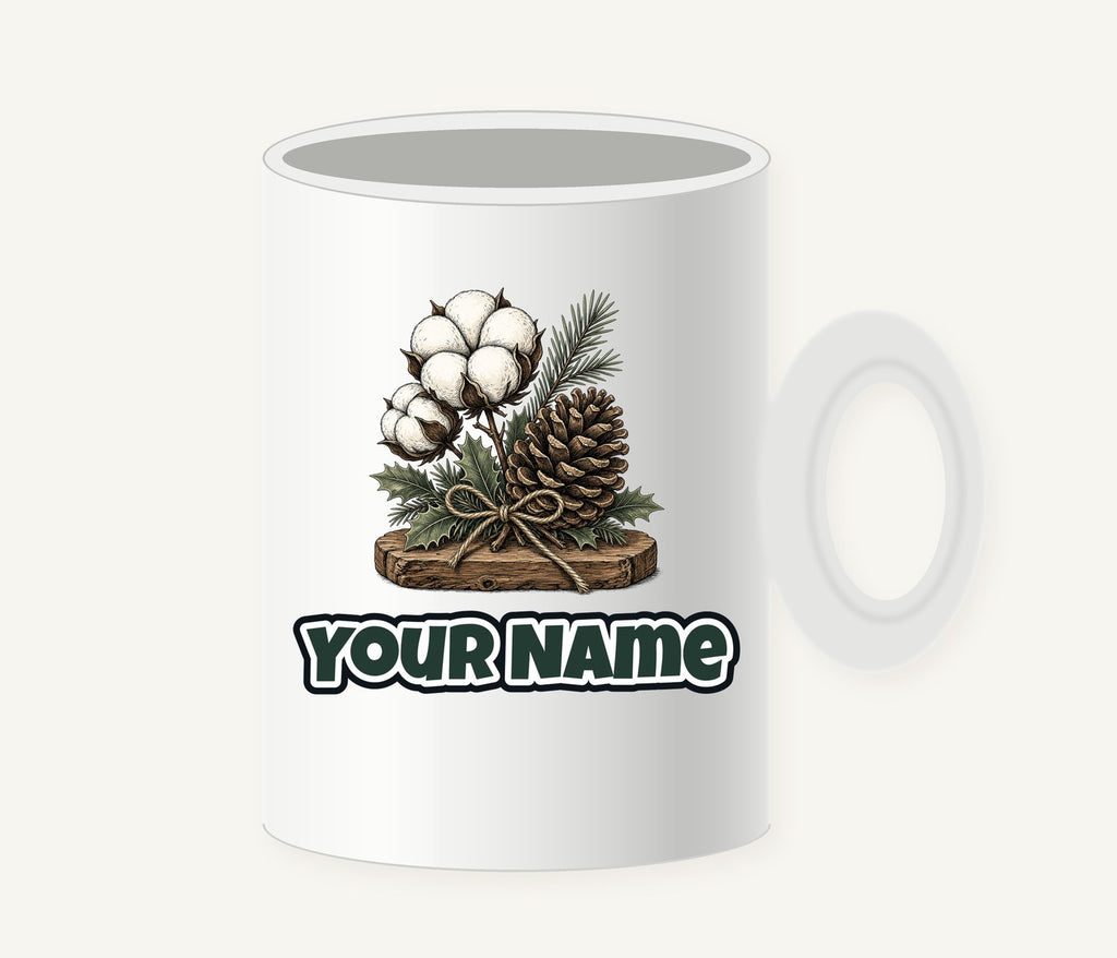 Cotton Boll And Pine Cone Personalised Christmas Mug
