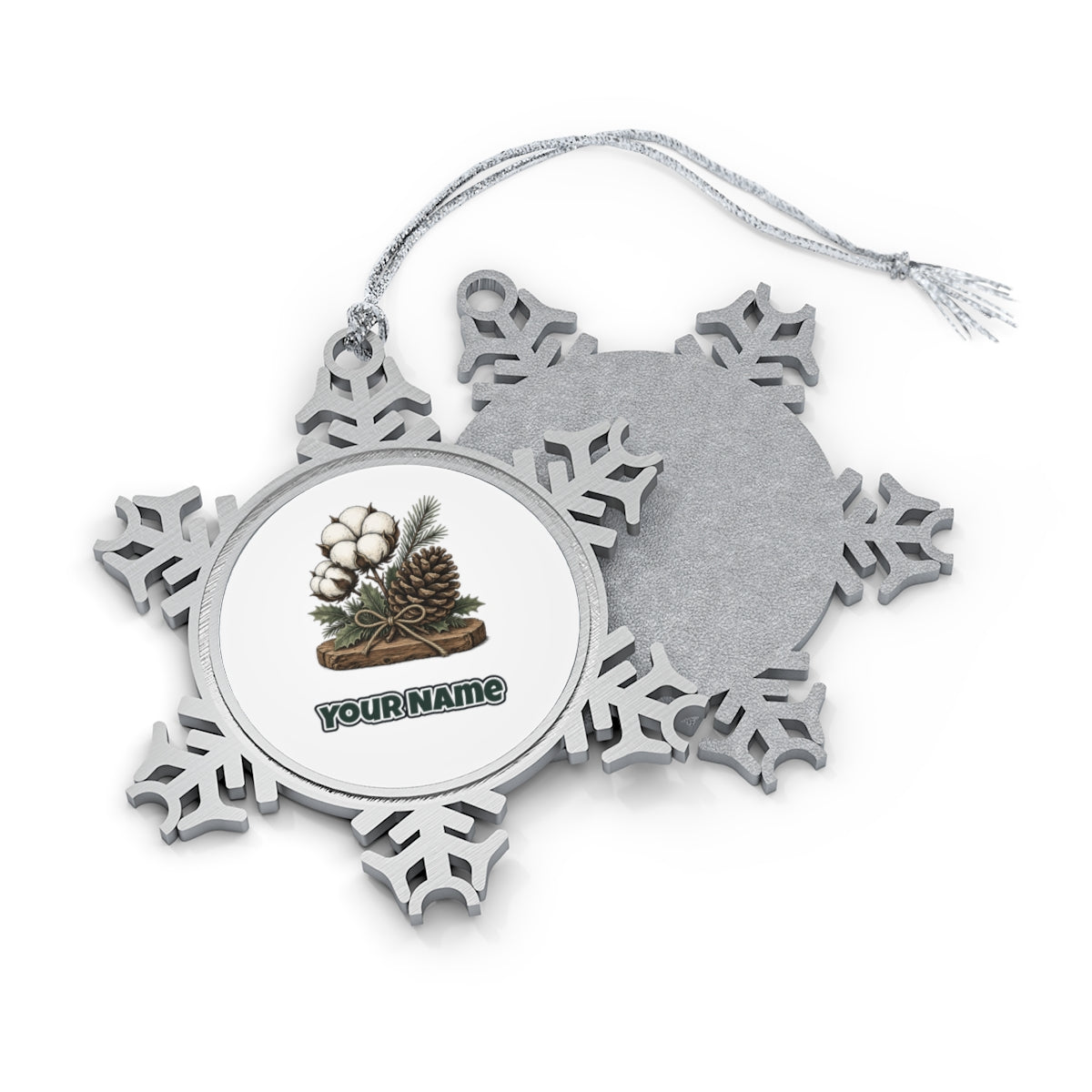 Cotton Boll And Pine Cone Personalised Pewter Christmas Ornament