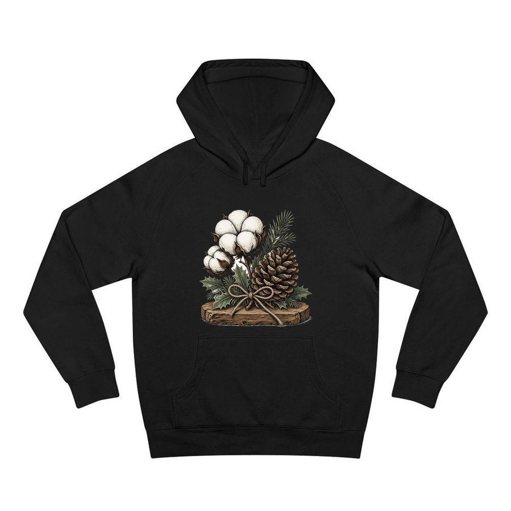 Cotton Boll And Pine Cone personalised Christmas hoodie in black