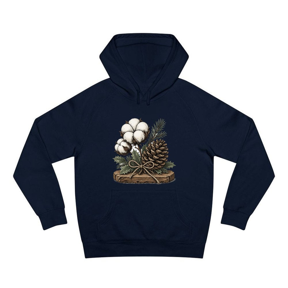 Cotton Boll And Pine Cone personalised Christmas hoodie in navy