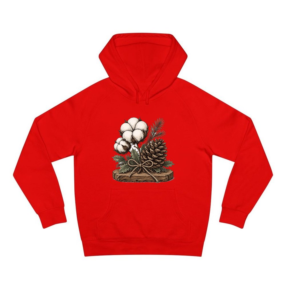 Cotton Boll And Pine Cone personalised Christmas hoodie in red