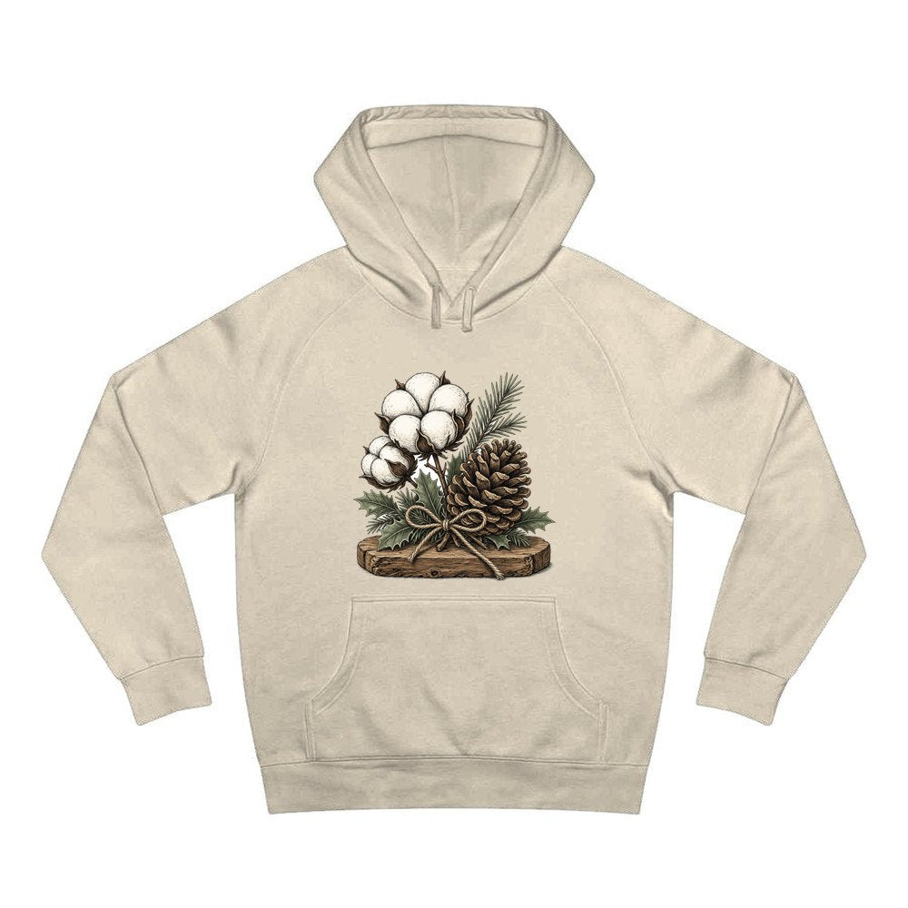 Cotton Boll And Pine Cone personalised Christmas hoodie in sand