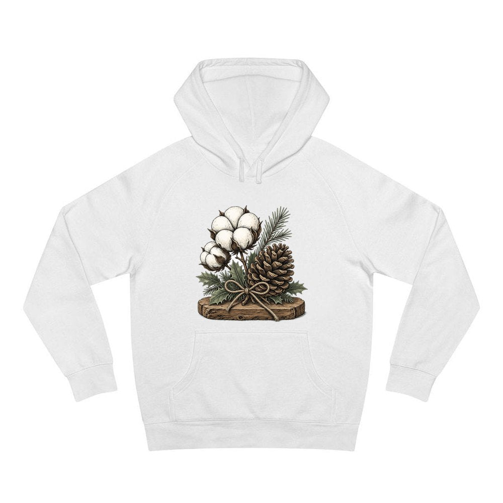 Cotton Boll And Pine Cone personalised Christmas hoodie in white