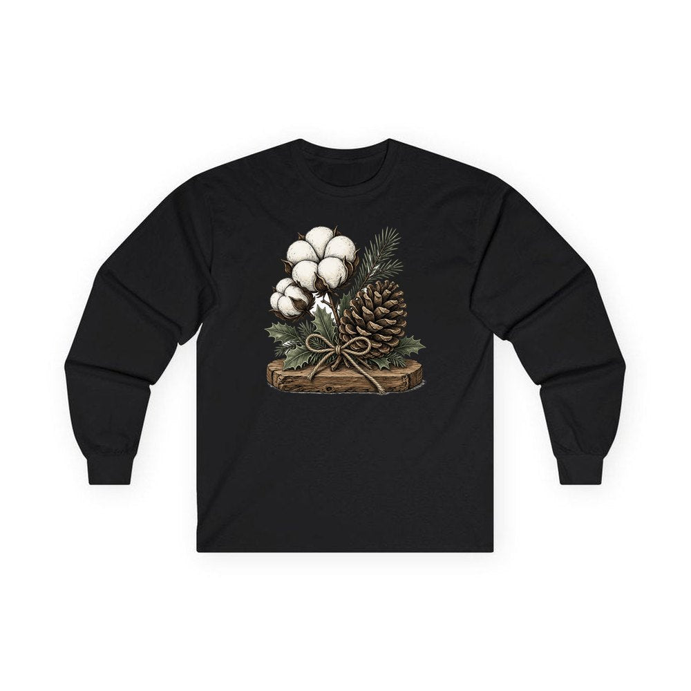 Cotton Boll And Pine Cone personalised long sleeve Christmas T-shirt in black